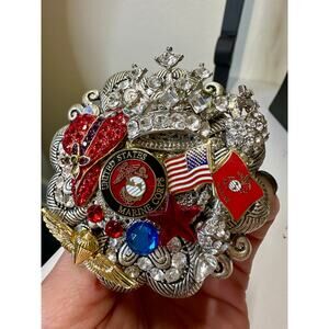 Vintage 3D Jeweled Red Hat Crown Marines USA Wings Brooch Scarf Purse Clip